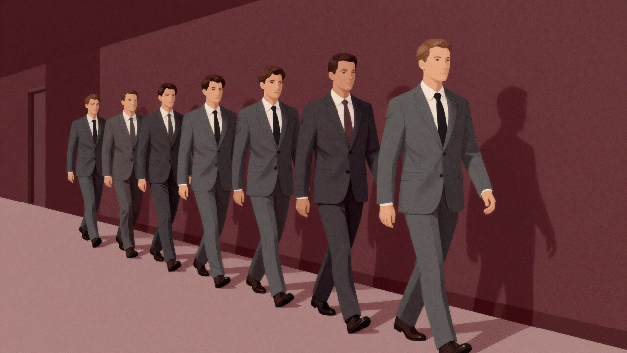 Illustration of a line of suit-clad figures marching down a corporate hallway, looking like soldiers stripped of individuality