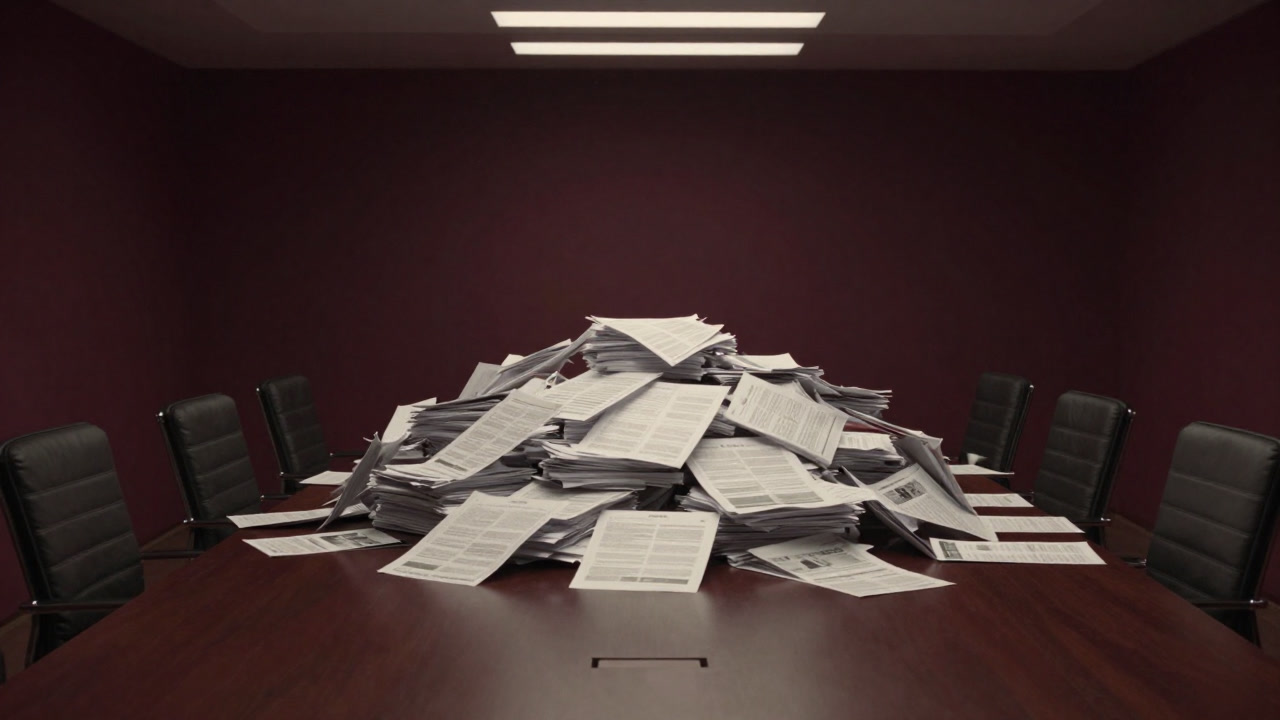 A pile of slide decks and presentation documents stacked like a mountain on a heavy conference room table.