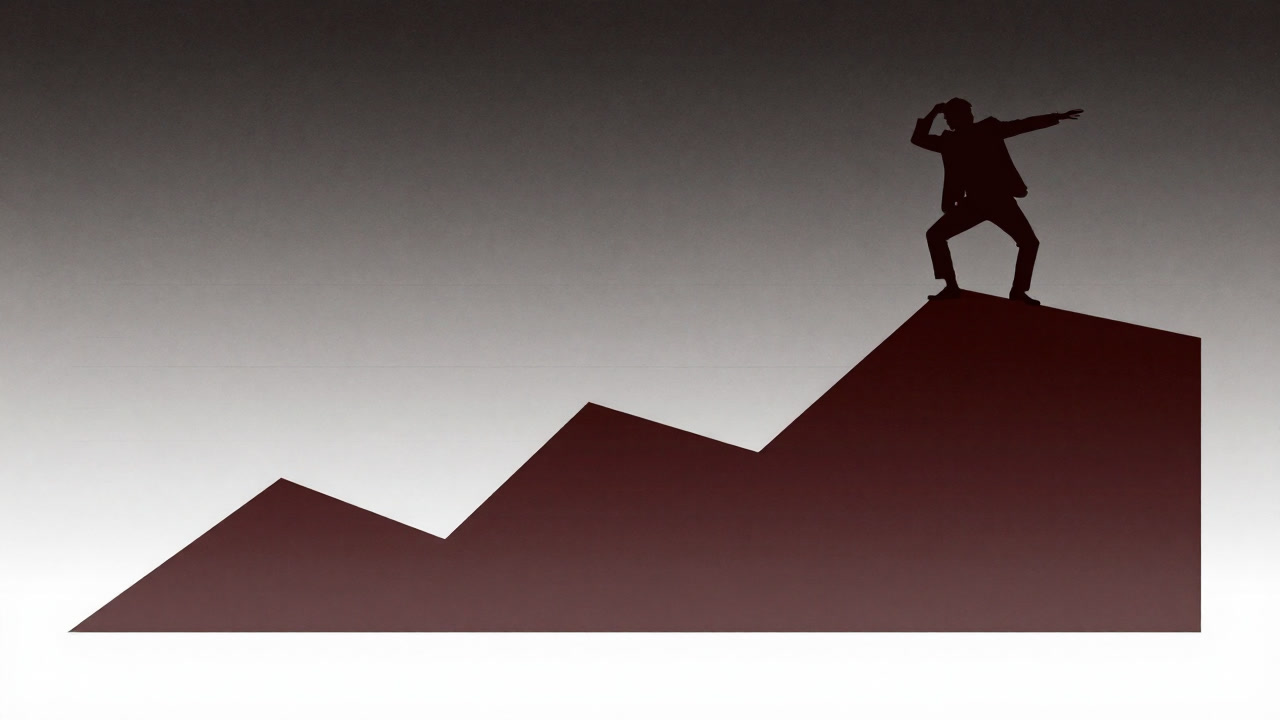 Illustration of a silhouette of a businessman dancing atop the peaks and troughs of a fluctuating line chart