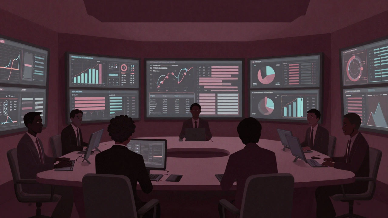 会議室の壁いっぱいに吊るされた無数のグラフとダッシュボードをただ眺める人々のシルエットの画像