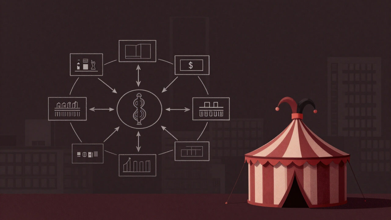 Illustration of a business model blueprint transforming into a circus tent laughing like a jester