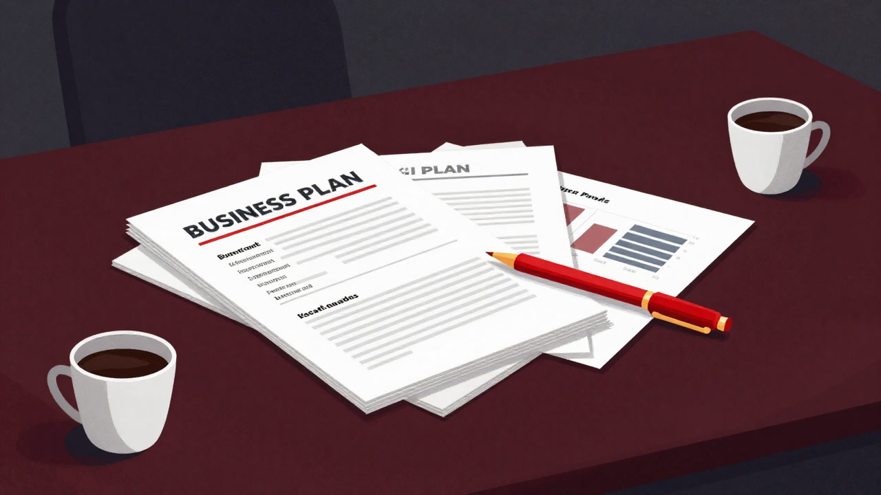 A pile of printed business plan documents spread across a boardroom table, marked with red pen corrections, exuding a mix of focus and fatigue.