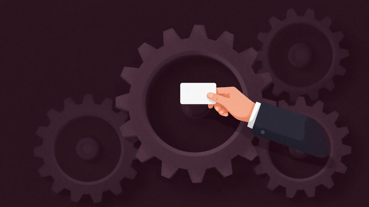 スーツを着た人物が巨大な歯車の中で名刺を配りながら回っているイラスト