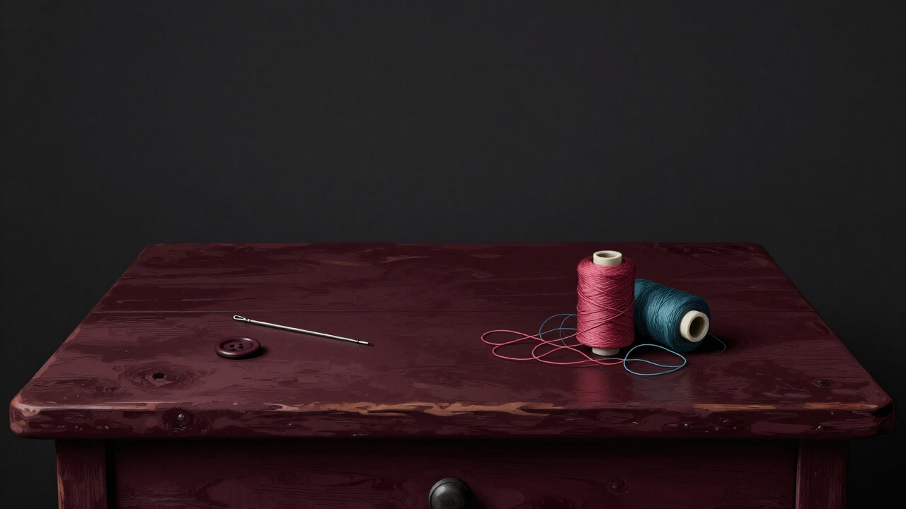 An old wooden workbench with a fallen button, a tangled thread, and a sewing needle