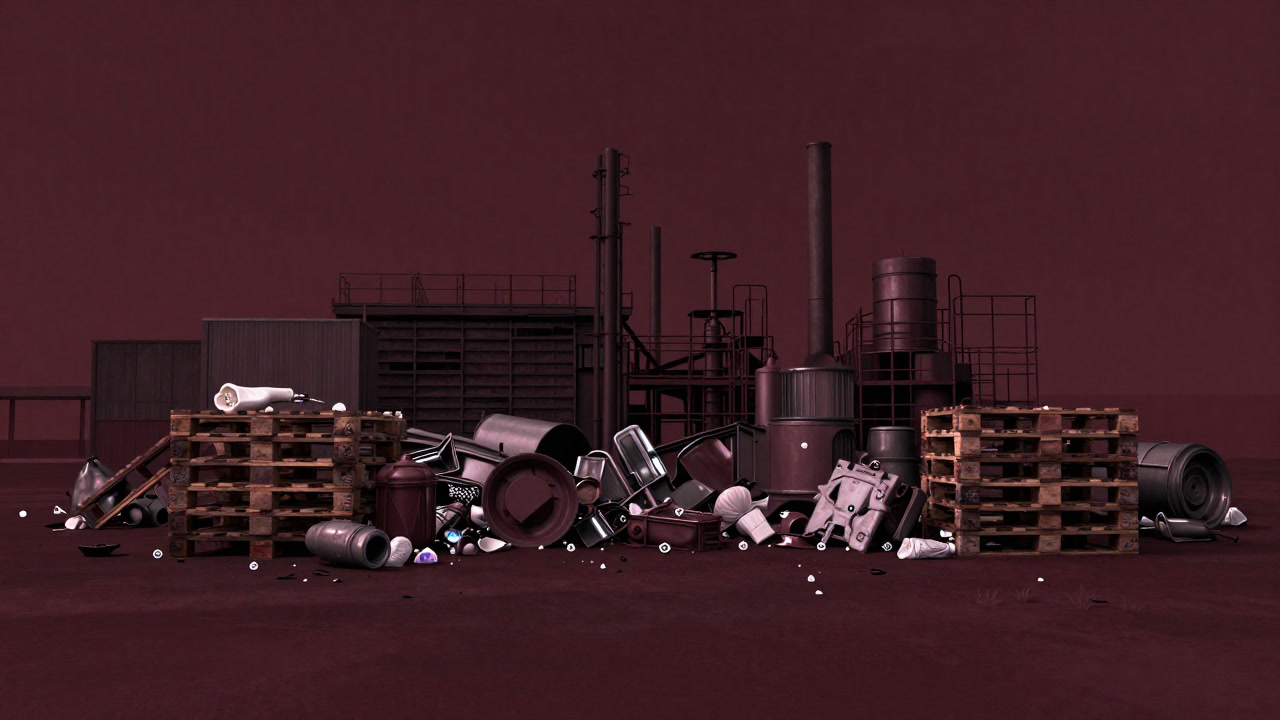 Composite image of a factory waste yard transformed into a treasure chest full of jewels