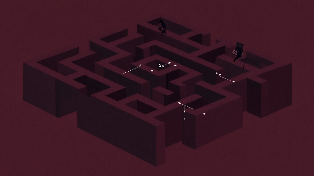 ポインタの迷宮に彷徨うプログラマーのイラスト