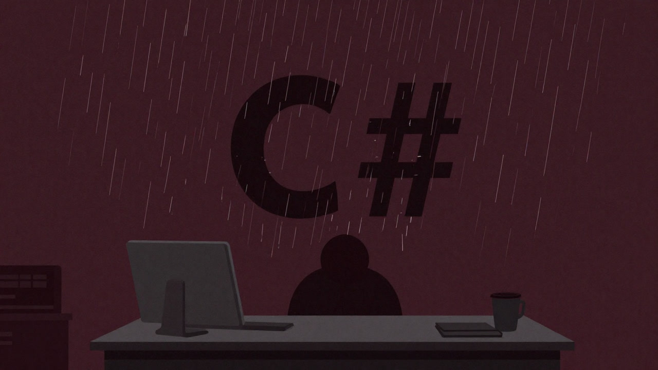 暗いオフィスで、コード行の雨雲に打たれつつ立ち尽くすC#の文字をかたどったキャラクター