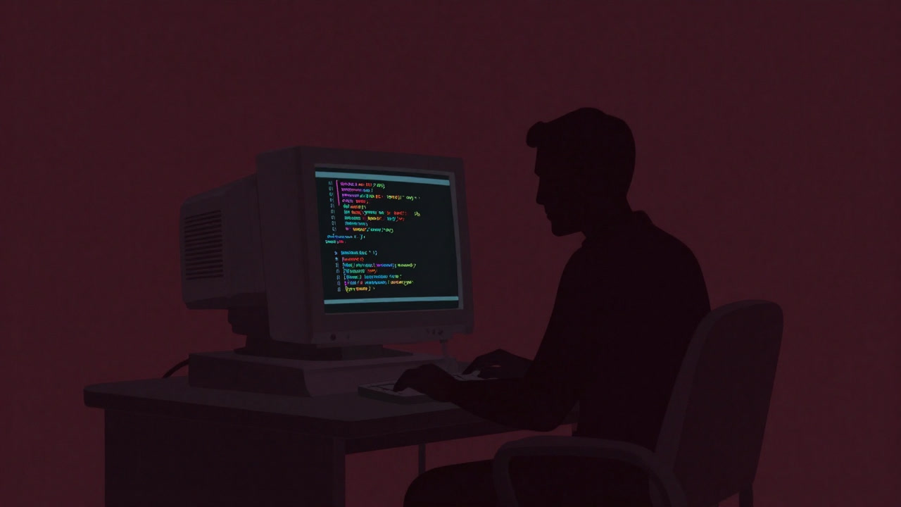 Silhouette of a programmer staring at collapsing C code on an old terminal screen