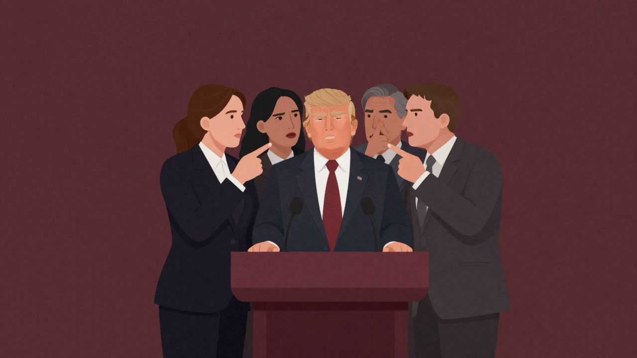 Illustration of cabinet members at a press stage pointing fingers at each other behind the scenes