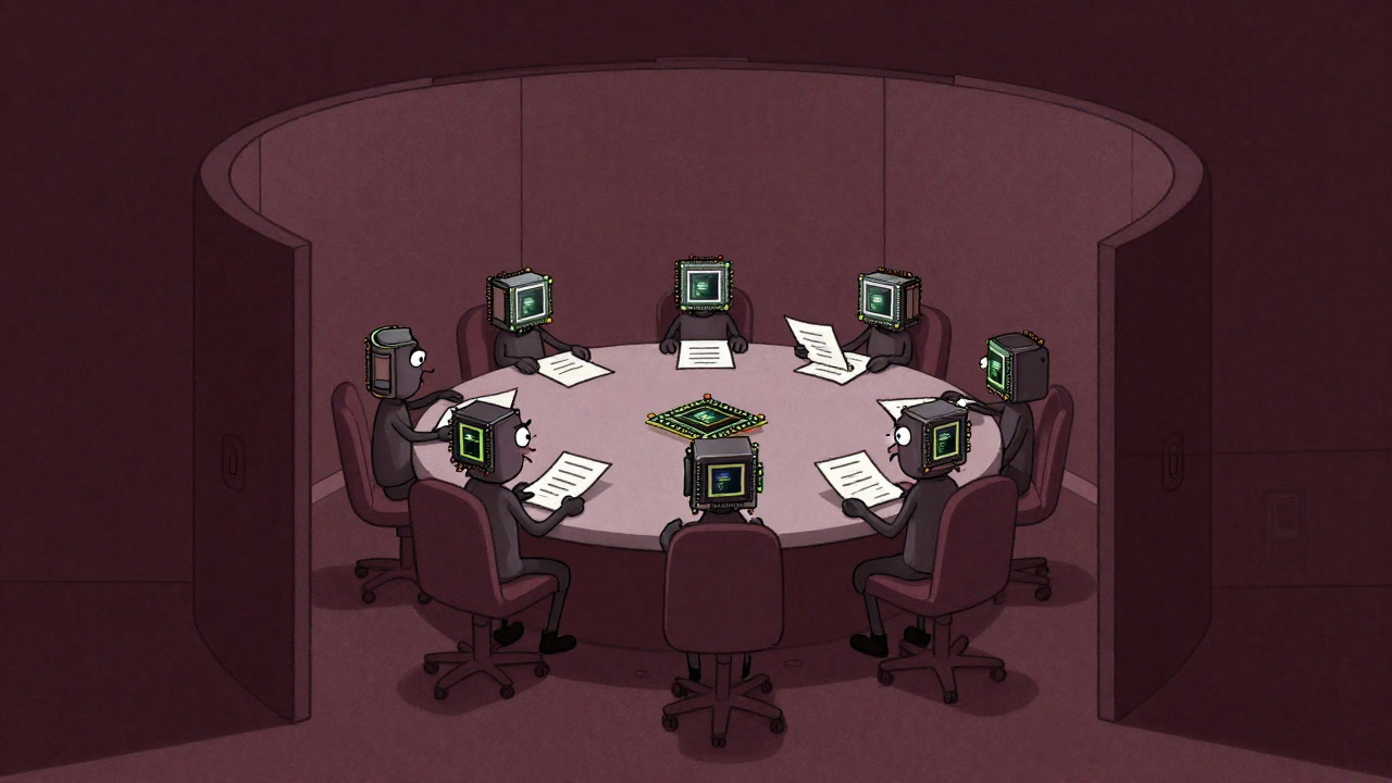 Cartoon illustration of multiple processor caches arguing in locked rooms