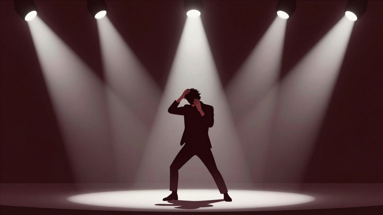 ステージ上で最後のカデンスを決めようと震える演奏者のイラスト