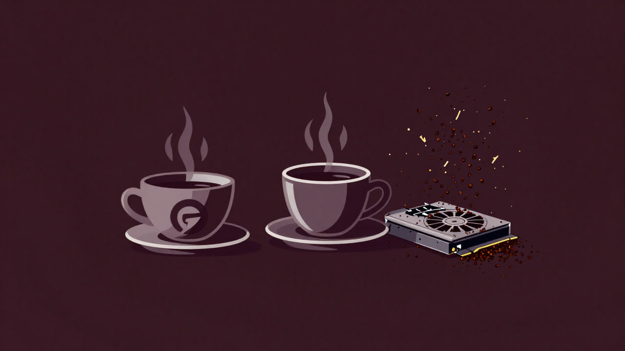 The Caffe logo grins defiantly between a coffee cup and a GPU, scattering grounds of logs.