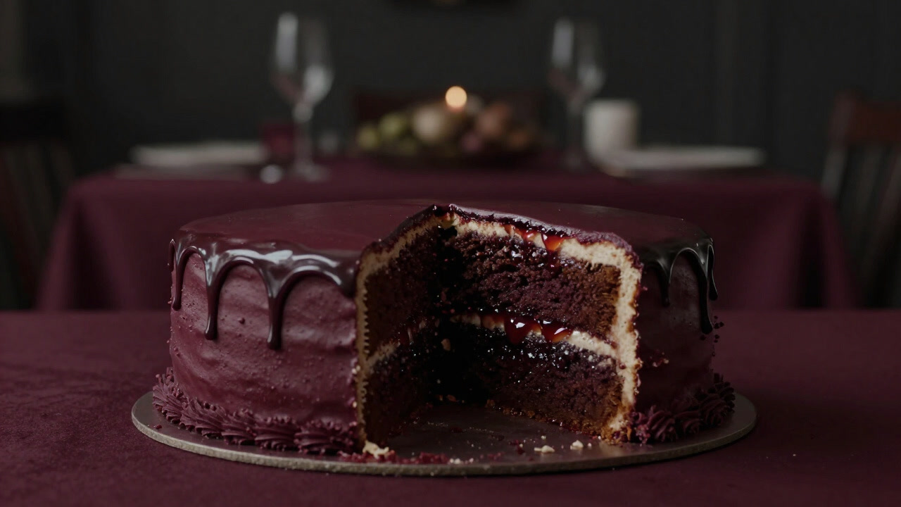 A sliced cake oozing sweet sauce, with a blurred party table in the background.