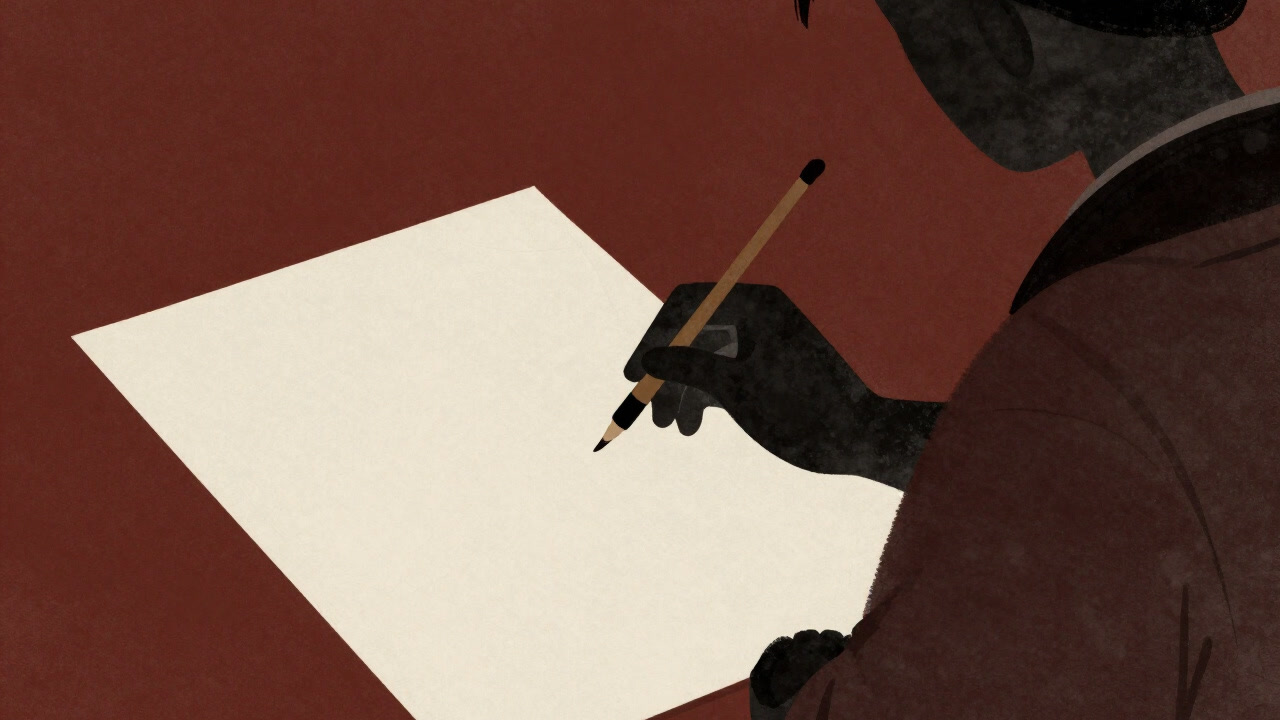 Image of a figure in a dim study, wabi-sabi aesthetic, holding a brush before blank paper amidst the scent of ink and texture of rice paper