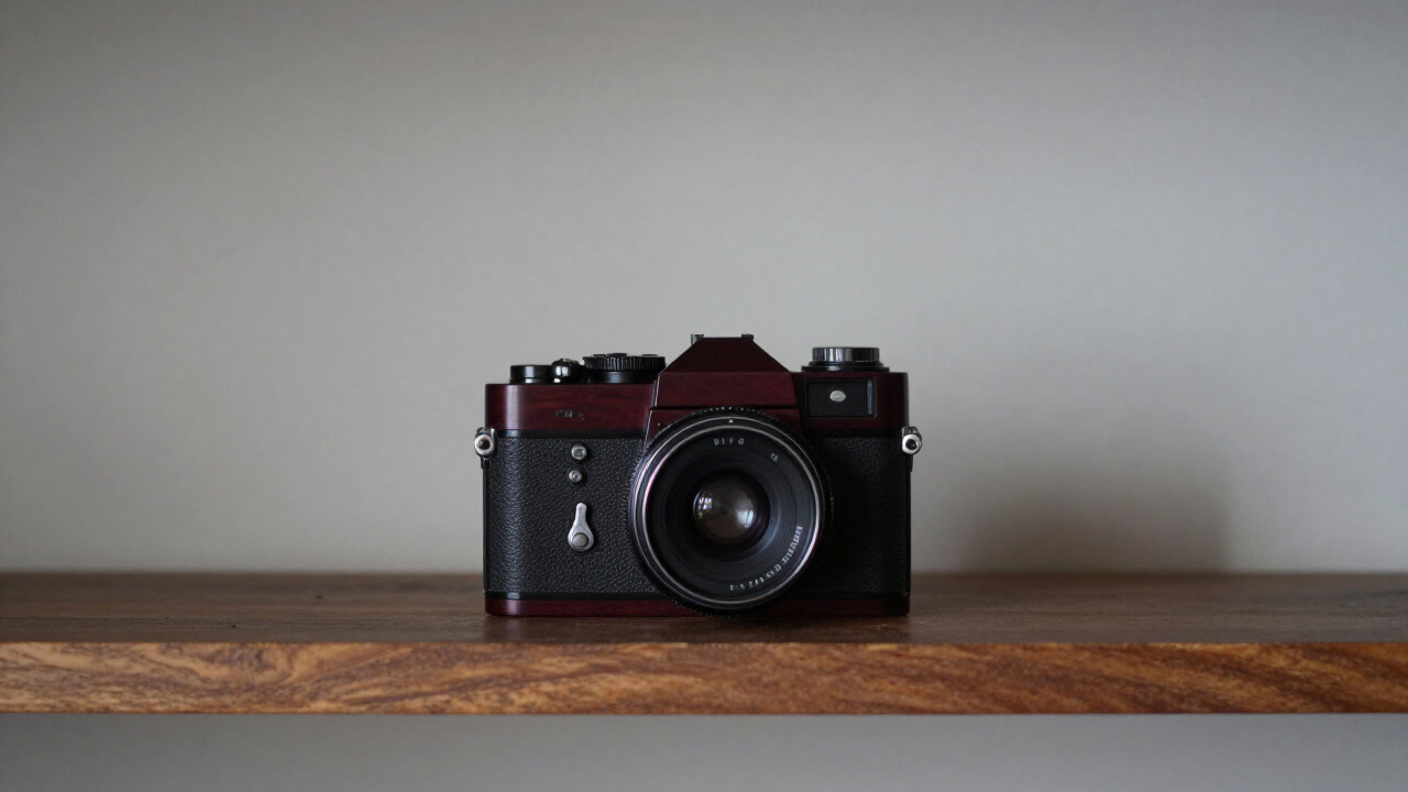 Image of an antique wooden-bodied camera sitting on a shelf as if displaying its own history