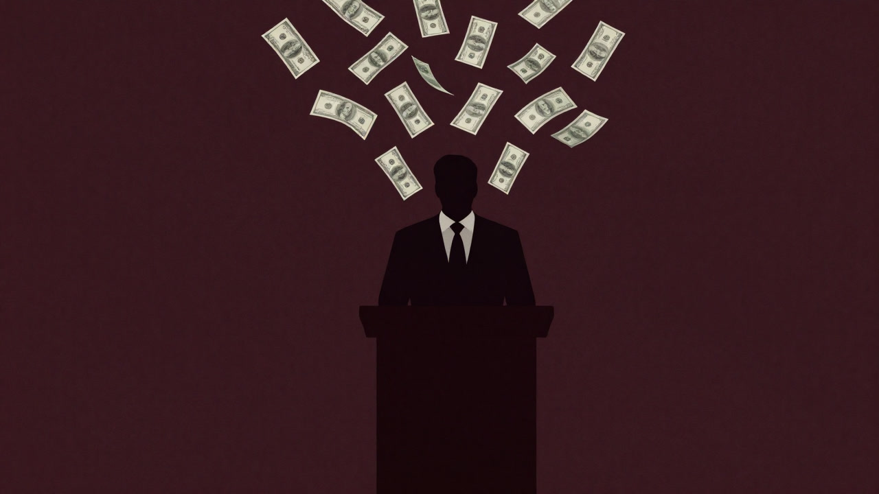 Silhouette of a candidate standing at a podium under a rain of banknotes
