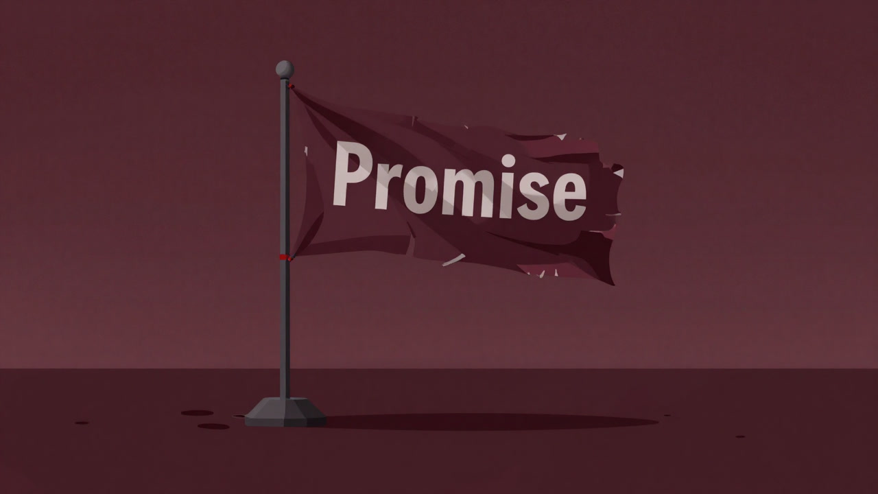 Image of a campaign promise banner waving in the wind at an empty rally stand.