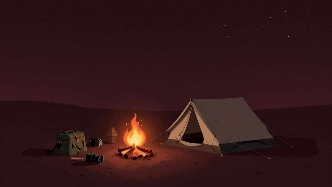 A silhouette of a fallen tent and scattered camping gear around a smoking campfire under a starry sky.