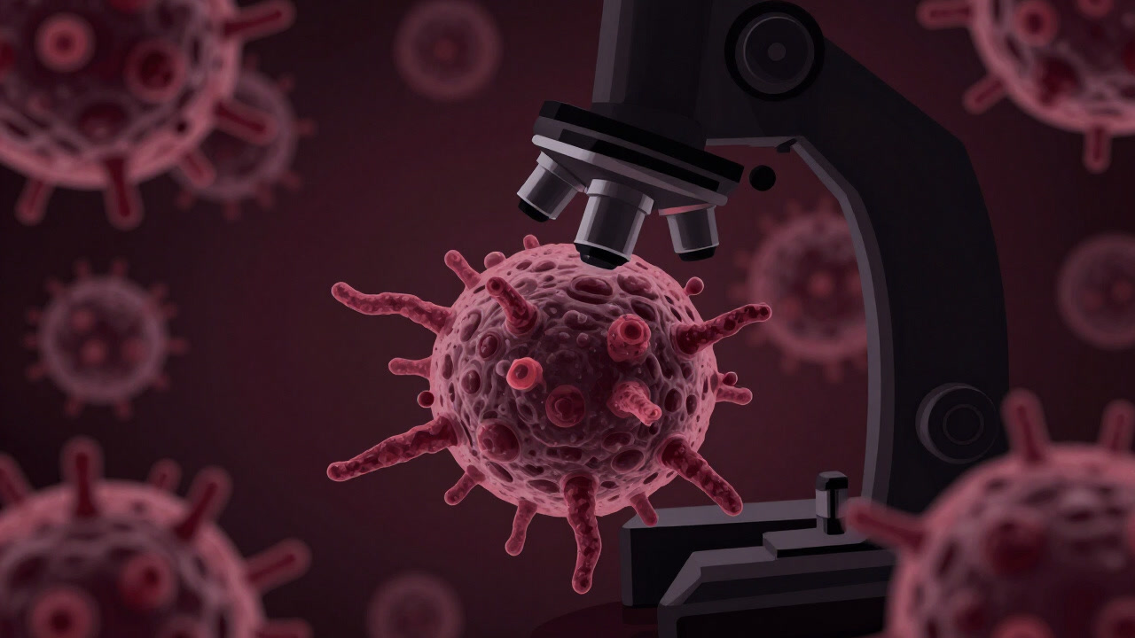 顕微鏡下で細胞が暴走し、周囲の細胞を巻き込む様子を象徴的に描いたイラスト