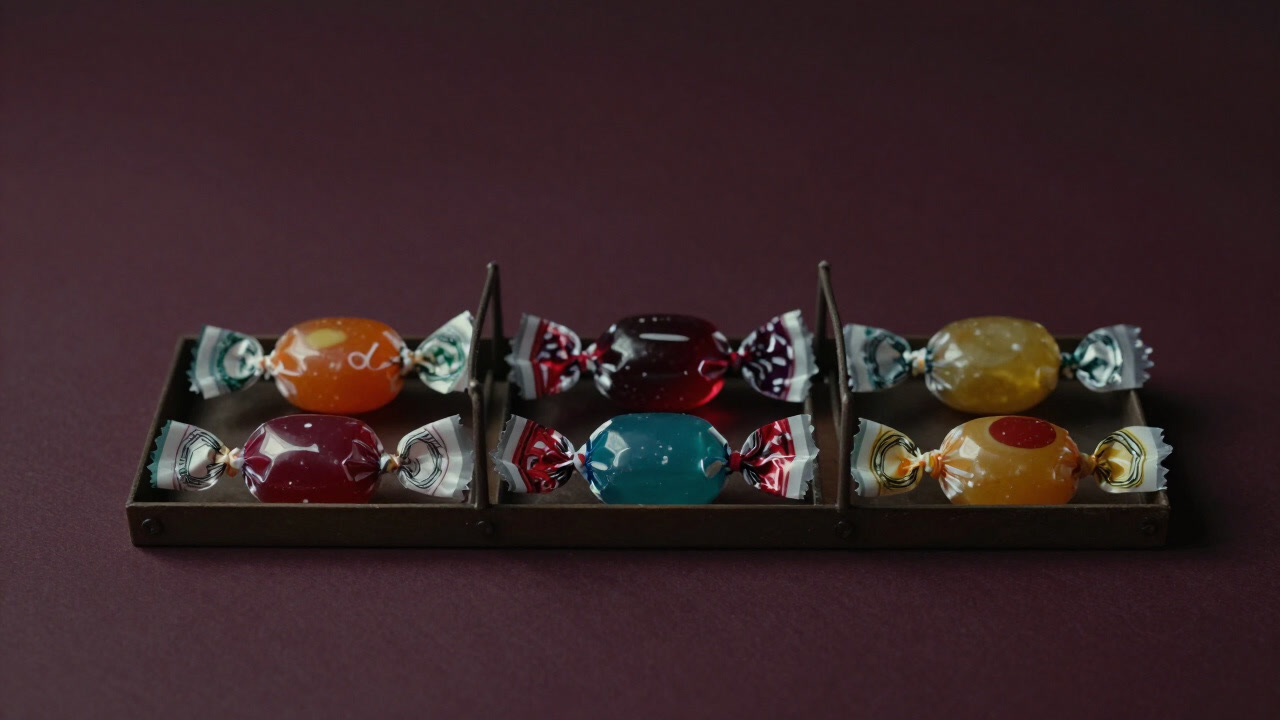Image of colorful wrapped candies lined up like traps awaiting prey.
