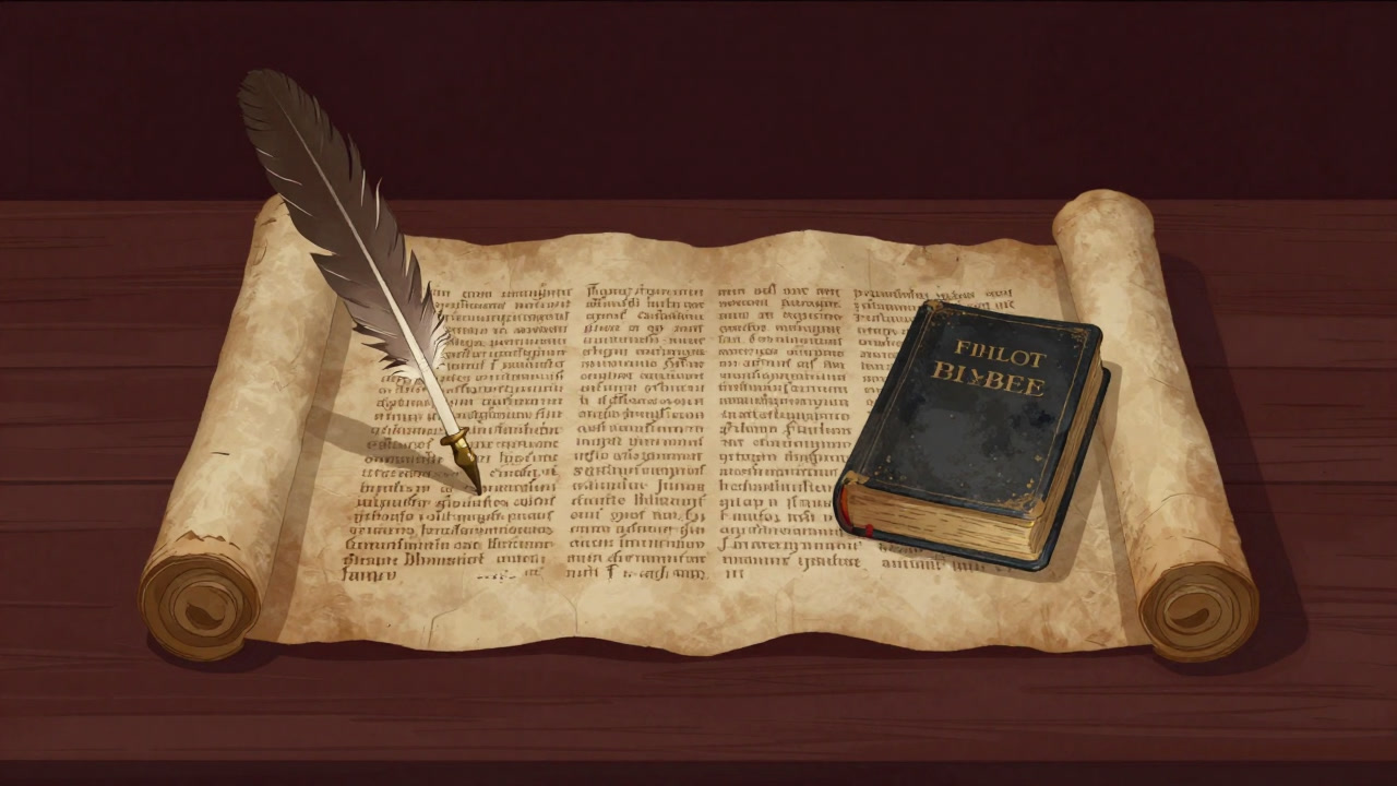 古びた羊皮紙に聖書と羽ペンが置かれ、その横にぎっしり書き込まれた教会法の条文が並ぶ画像