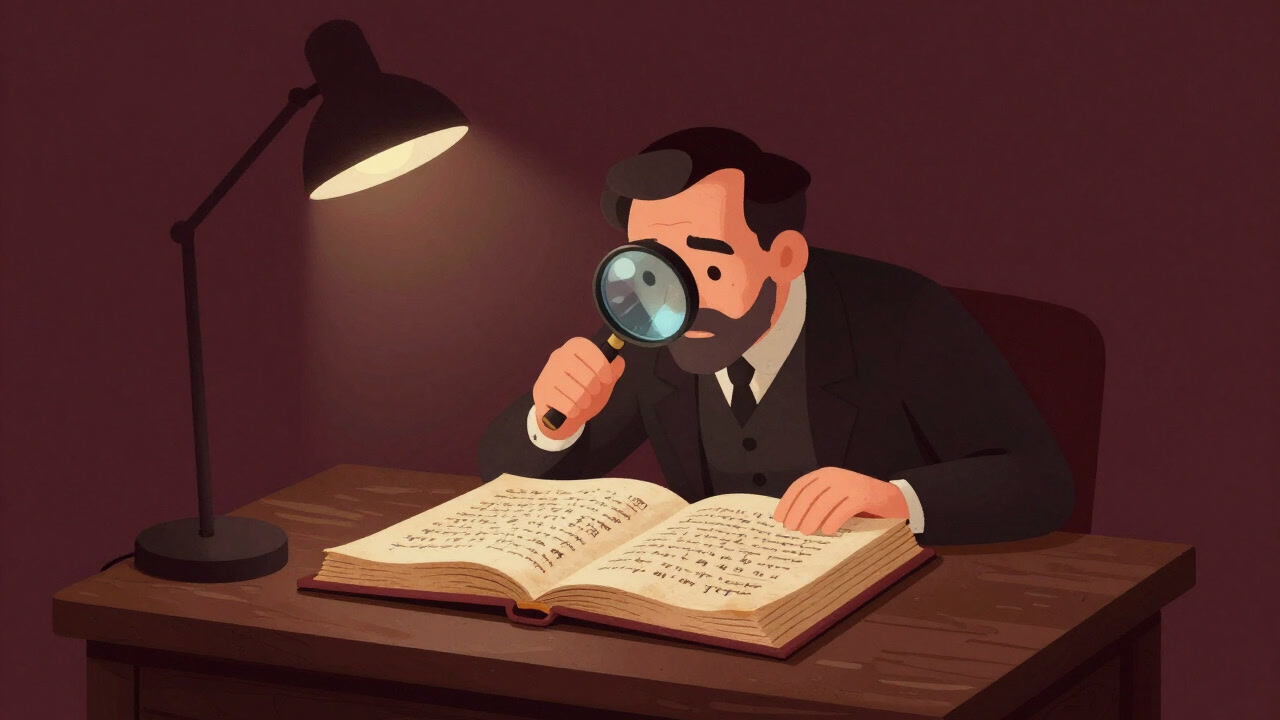 古びた写本を開き、微細な文字の違いを顕微鏡で覗き込む学者の手元