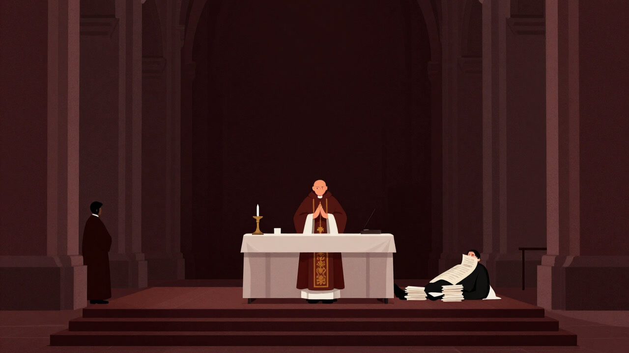 An illustration of a grand cathedral hosting a canonization ceremony while behind the scenes an administrator sorts through piles of paperwork.