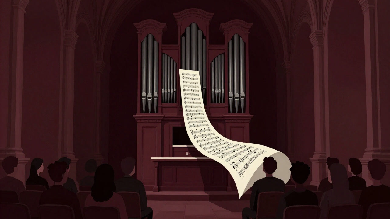 Backs of an audience staring at a long musical score in front of a pipe organ