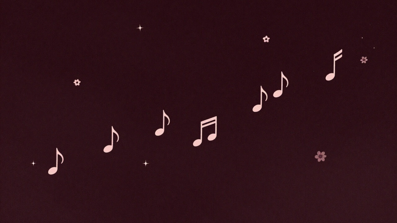 夜空を背景に、星や花が舞う中で音符が踊る幻想的なイラスト