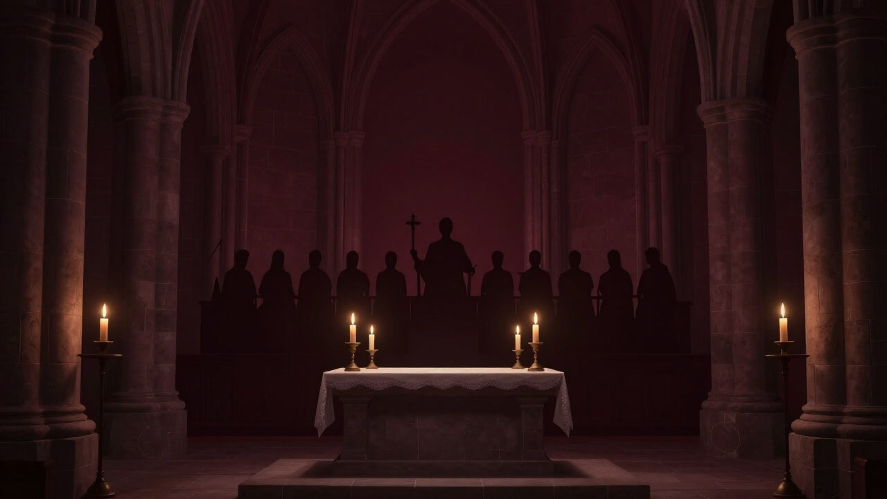 Silhouetted choir in a dim stone church interior with flickering candles on the altar