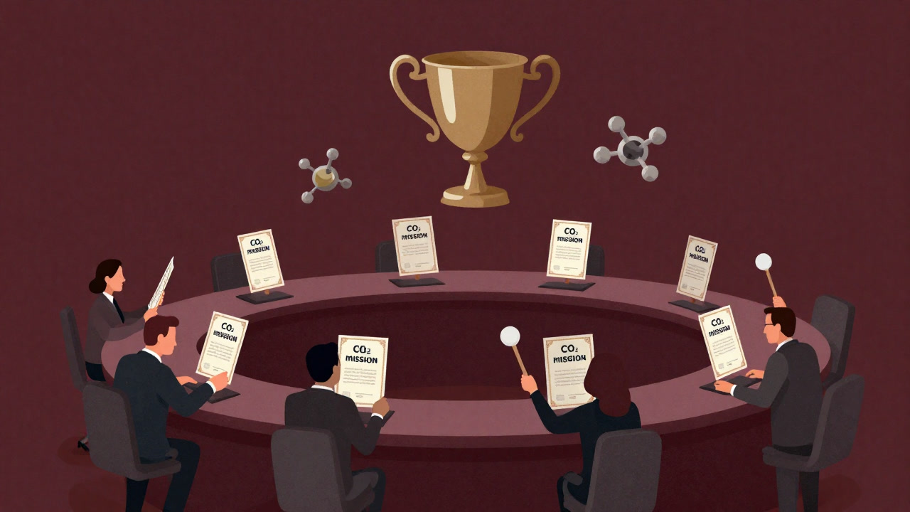 取引所のフロアで二酸化炭素の証書がセリにかけられている様子のイラスト