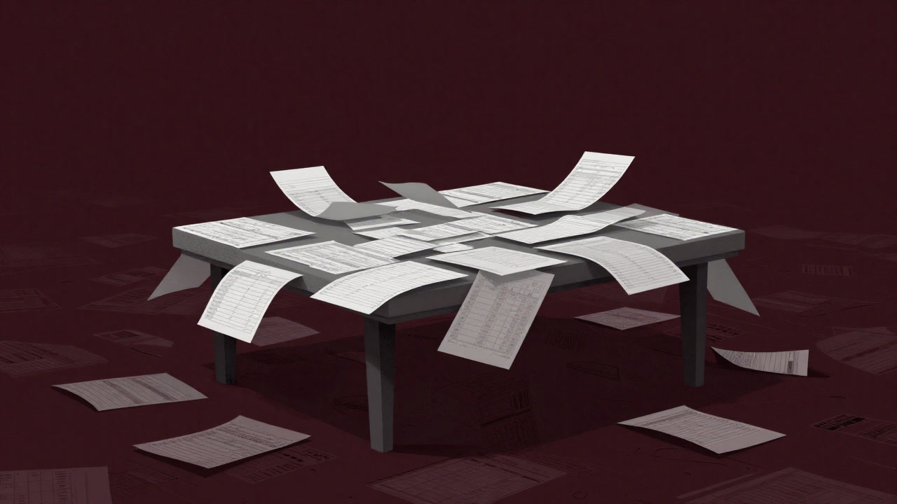 An illustration of a floating, labyrinthine table made of paper sheets and Excel cells.