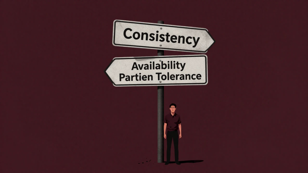 Illustration of an engineer standing at a three-way junction with floating letters 'C', 'A', 'P' overhead