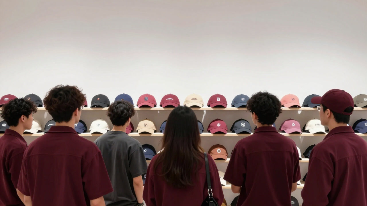 People seen from behind looking at a store display of colorful caps.