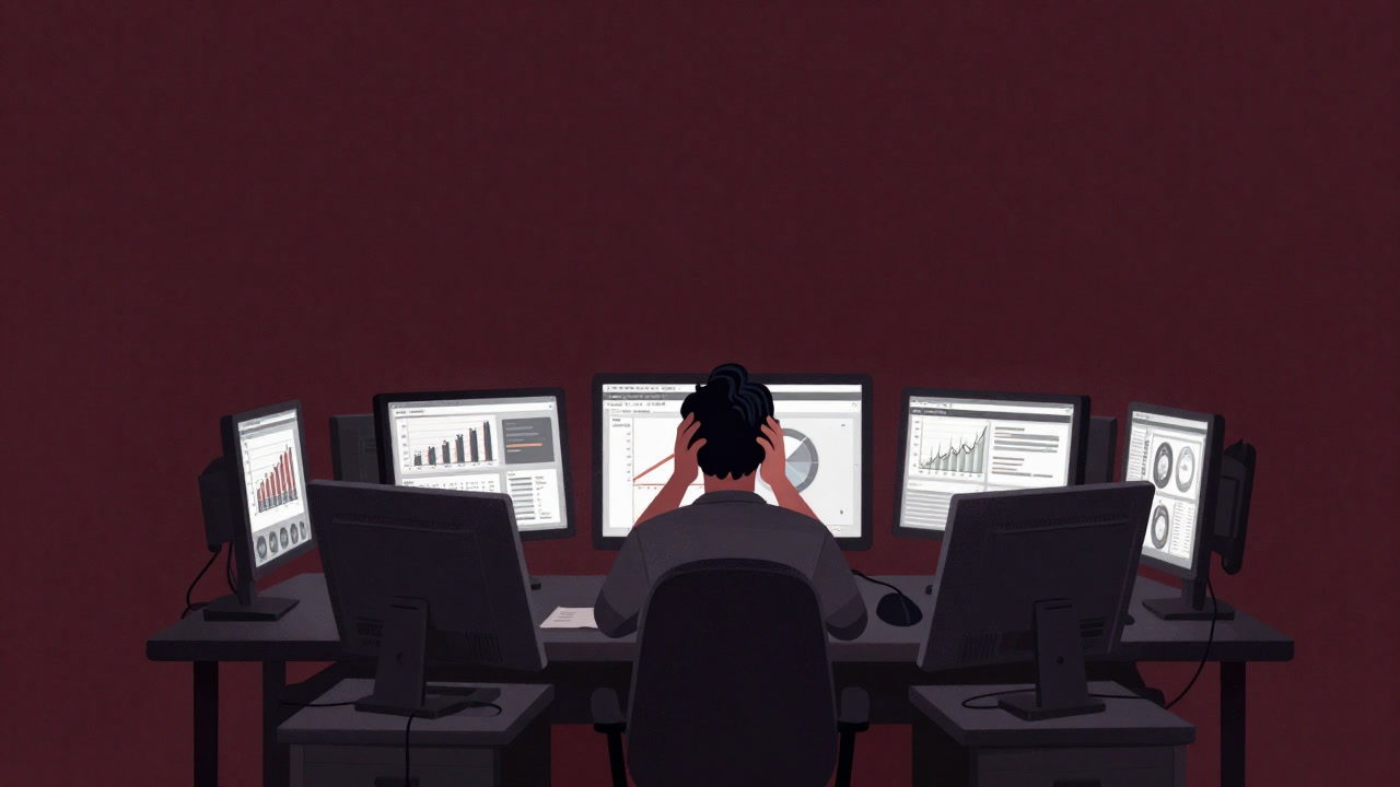モニターに表示されたグラフと計画書に囲まれ、混乱した表情のエンジニア