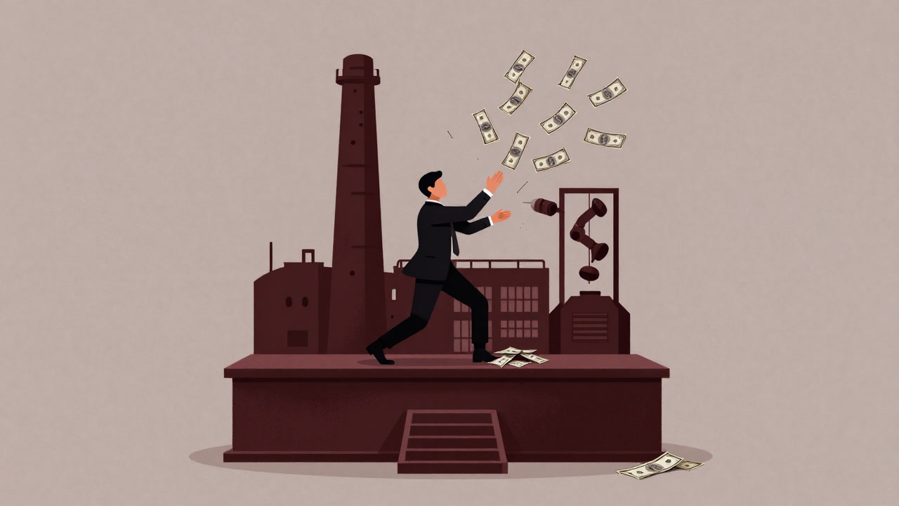 An illustration of a salaried businessperson throwing stacks of cash into a giant factory model