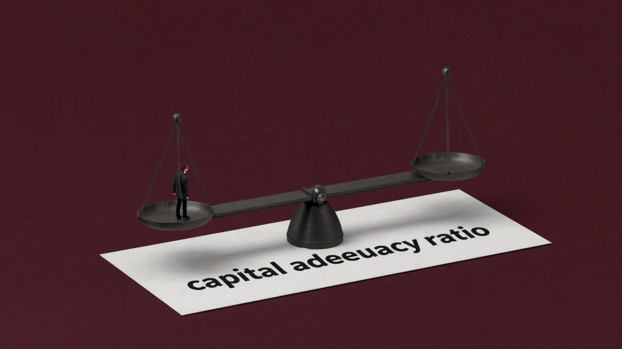 Surreal illustration of a tiny figure on a balance sheet using a giant lever to find the fulcrum of the capital adequacy ratio