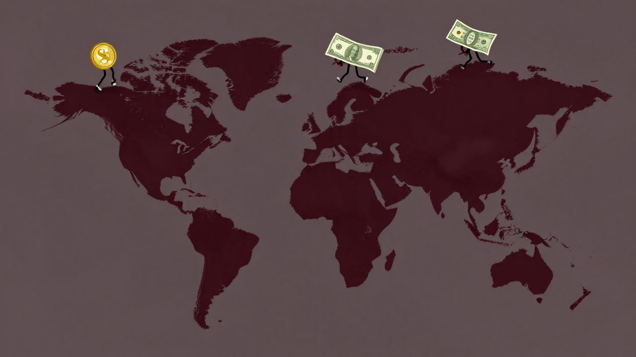 紙幣とコインが地図の上を逃げ回るイラスト