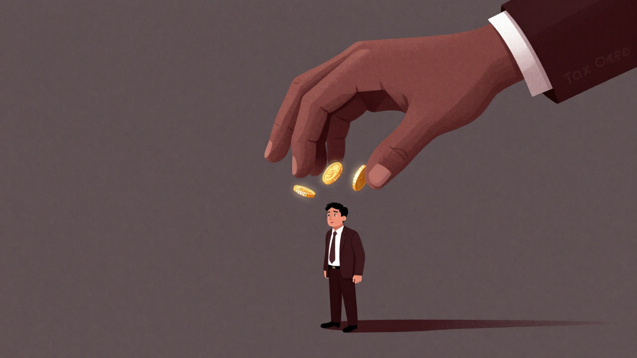 得た利益の後ろから巨大な手が忍び寄り、摘み取ろうとするイメージ