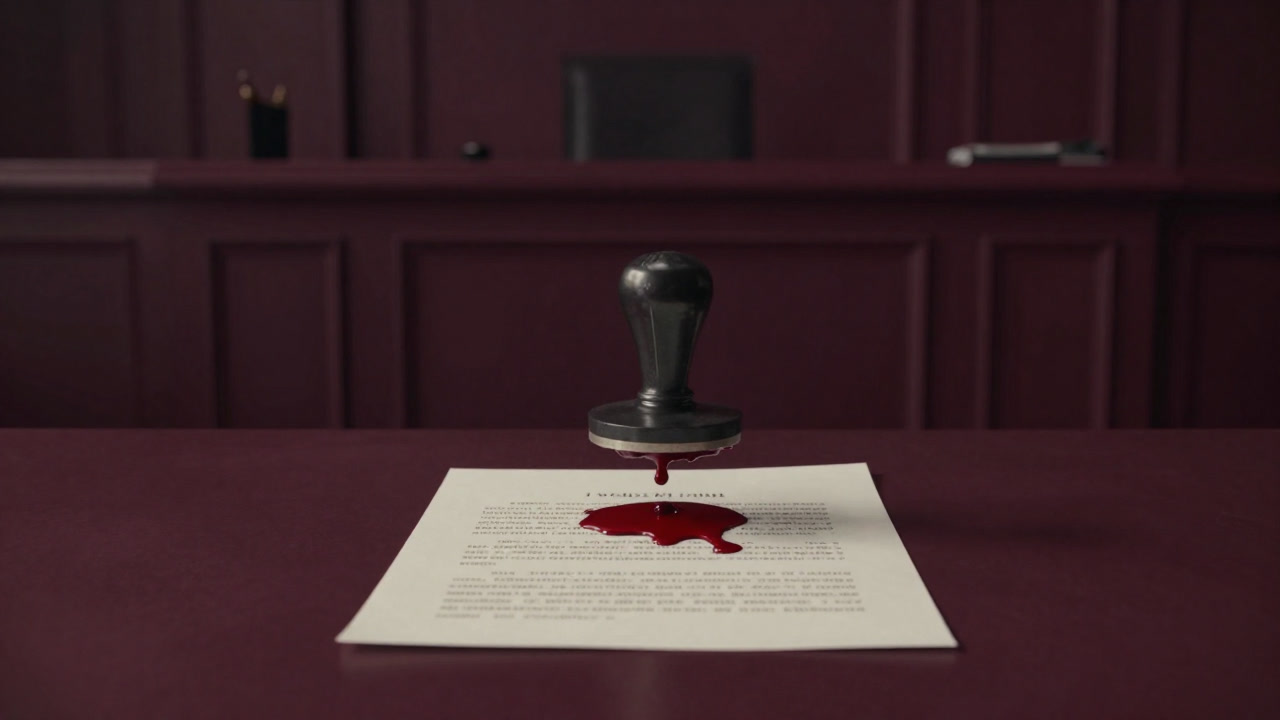 暗い法廷の中央で血のように赤い裁判官の判子が押される判決書の画像