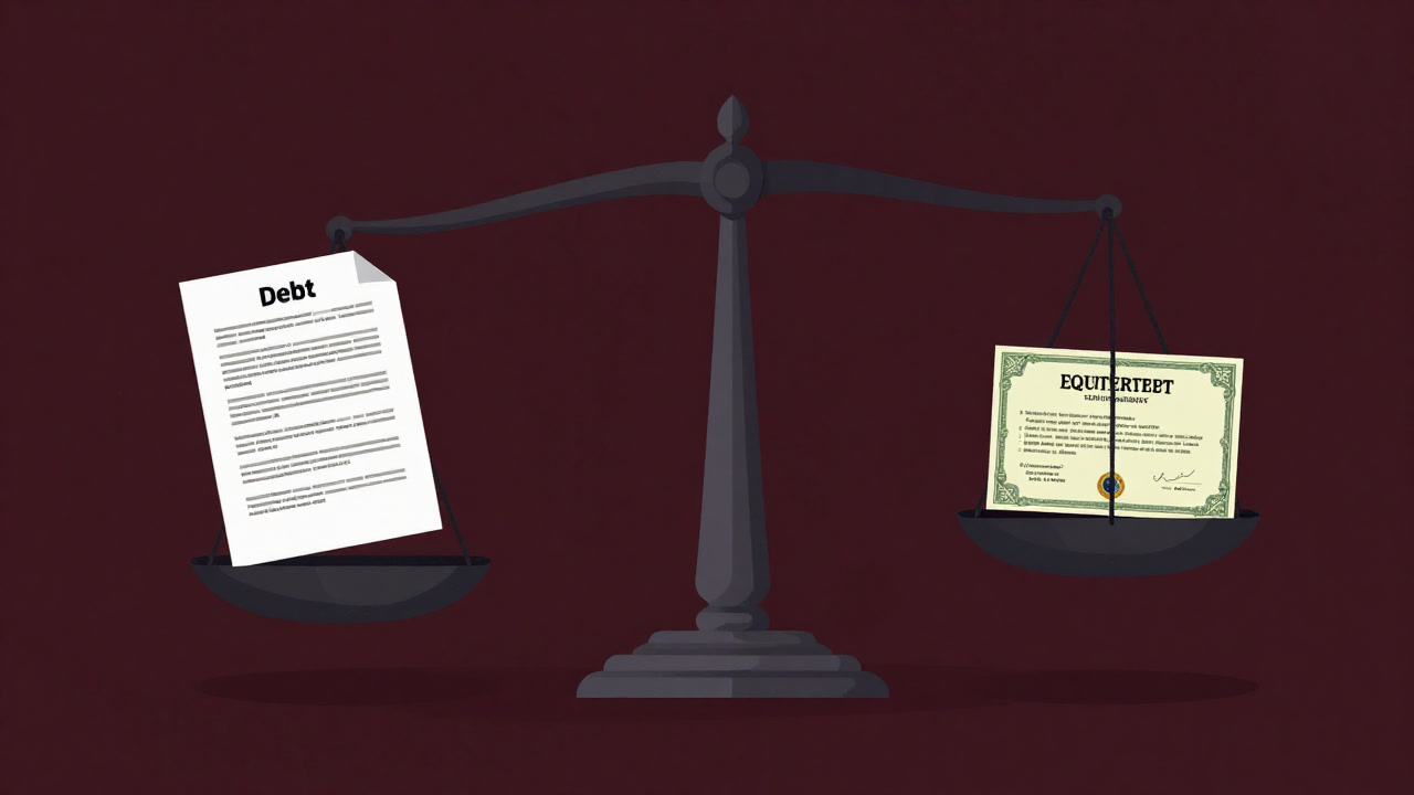 天秤に載せられた株式と債務の札が揺れる風刺的イメージ