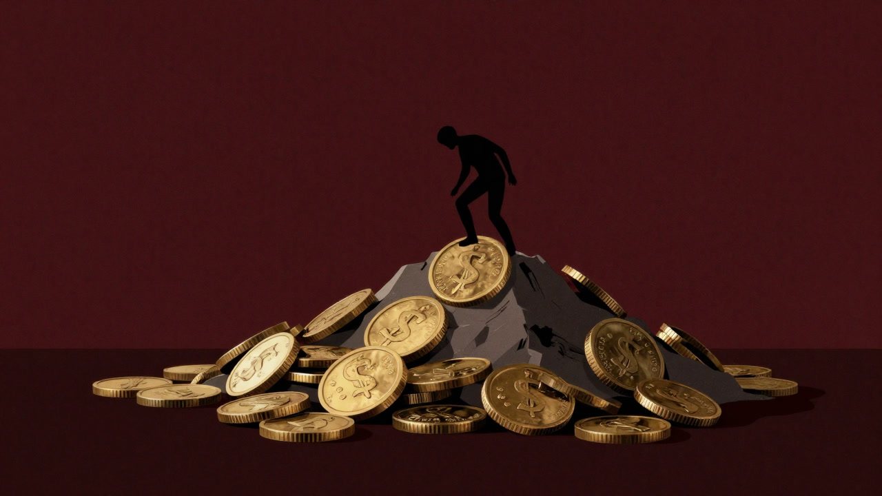 巨大なコインの山に押し潰されそうな小さな人物のシルエットの画像