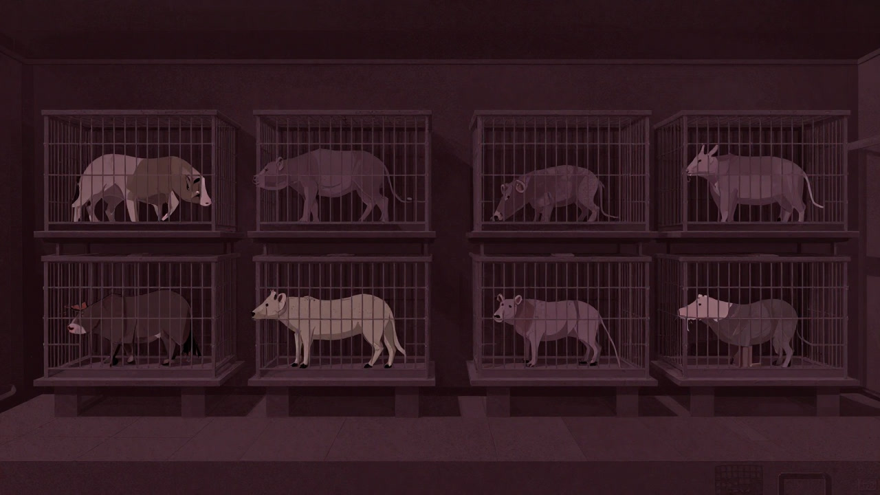 Silhouettes of animals with a melancholic aura seen through grid-like cages