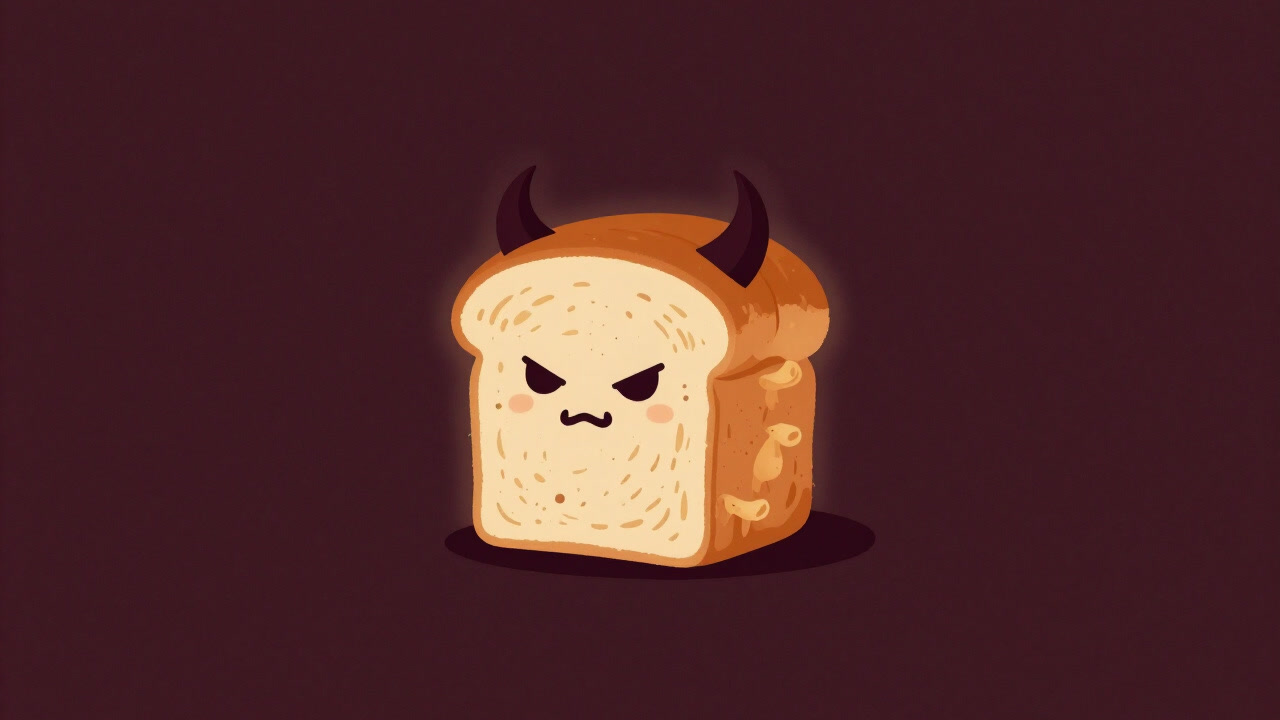 Illustration of bread and pasta sprouting devil horns, emitting an aura of guilt.