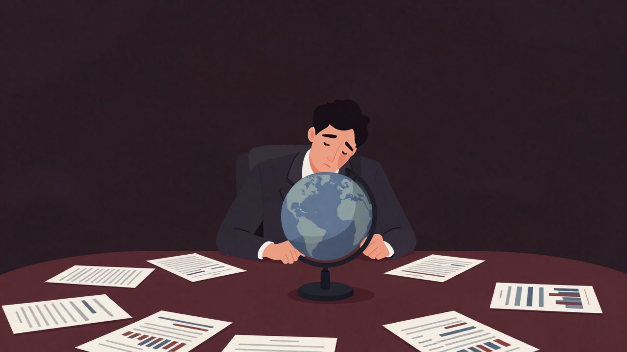 会議室のテーブルの上で、無数のスプレッドシートとグラフに囲まれた、疲れ切った会計士の前に置かれた地球儀
