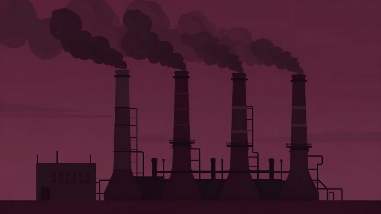 Illustration of a giant funnel capturing CO2 emissions from factory chimneys
