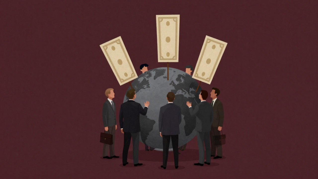 排出権証書が刺さった地球儀を囲む権力者たちのイラスト