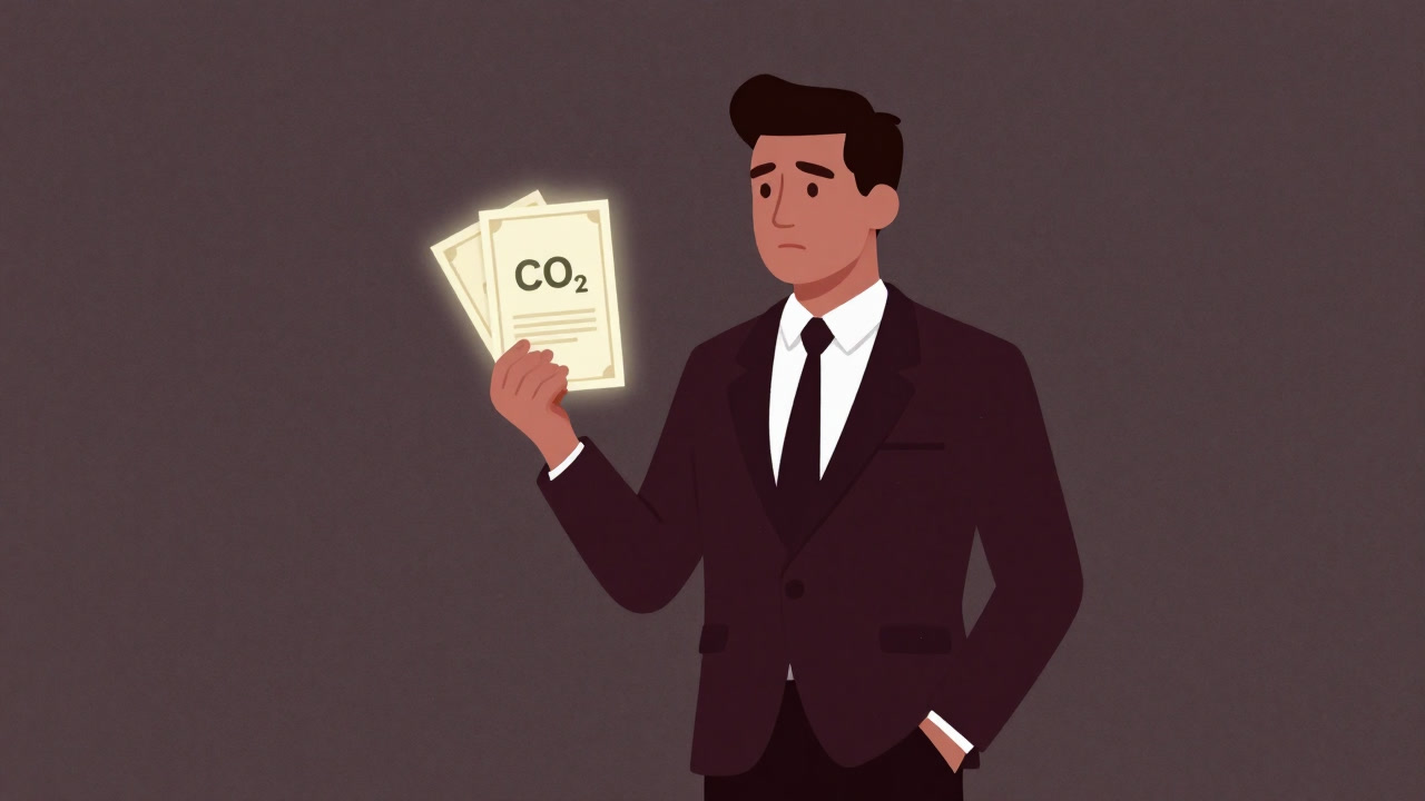 企業経営者がCO2と書かれた証書を取引している風刺的イラスト