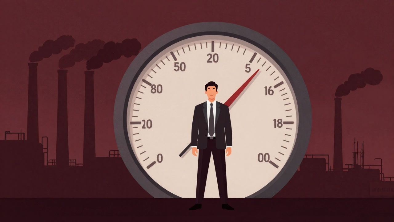 工場の煙突から排出される煙の量を示すゲージを前に、自信満々に微笑むエグゼクティブのイラスト