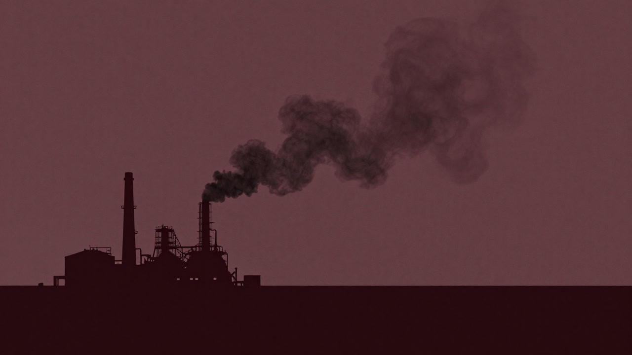 国境を越えて煙が旅するように大気中へ漂う工場のシルエットの画像